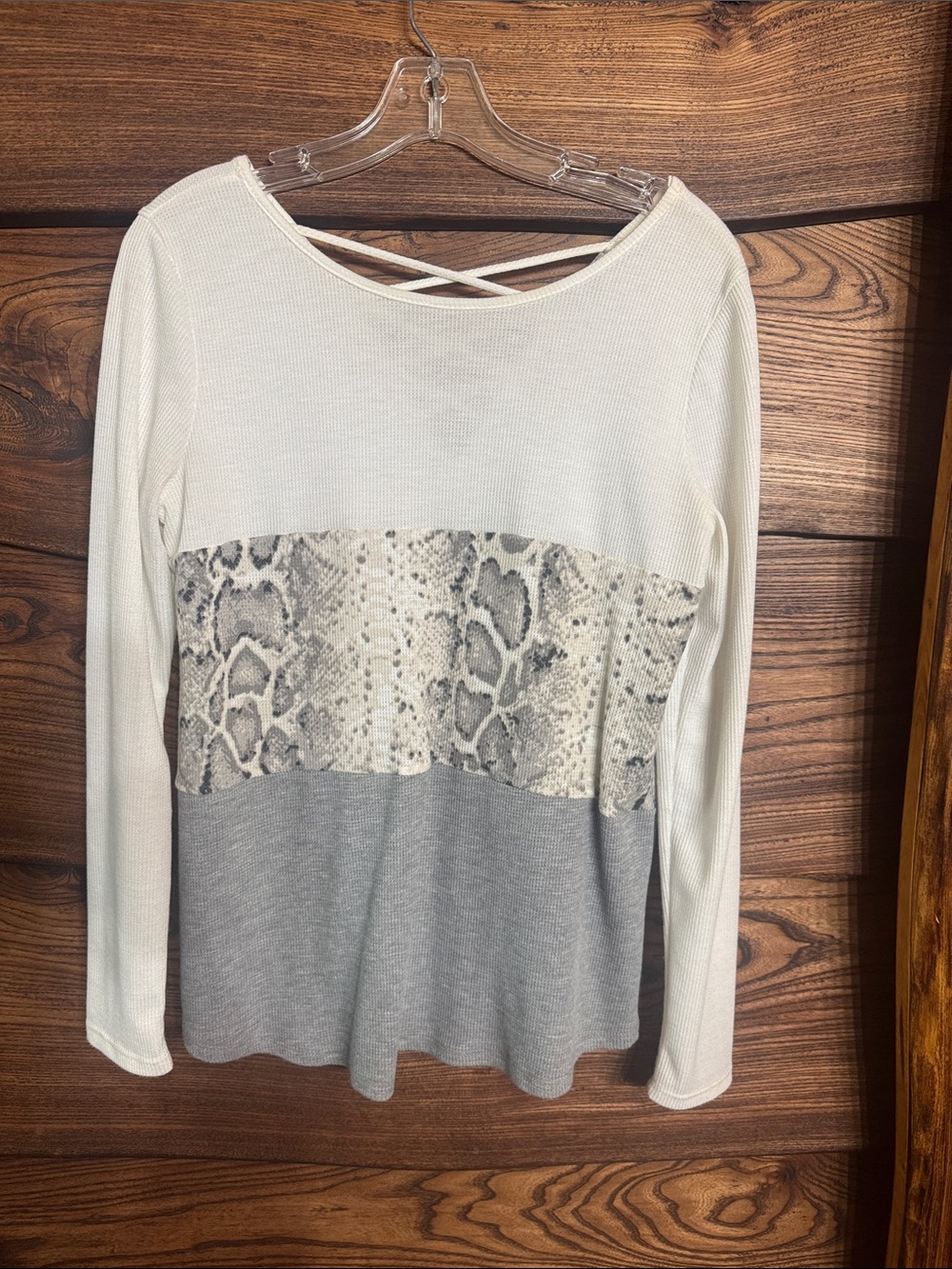 white birch Cream & Gray Long Sleeve Top with Snakeskin Panel